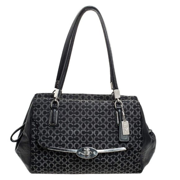 Euc Coach Madison Needlepoint Black Signature C's Handbag Satchel Purse - Picture 1 of 13